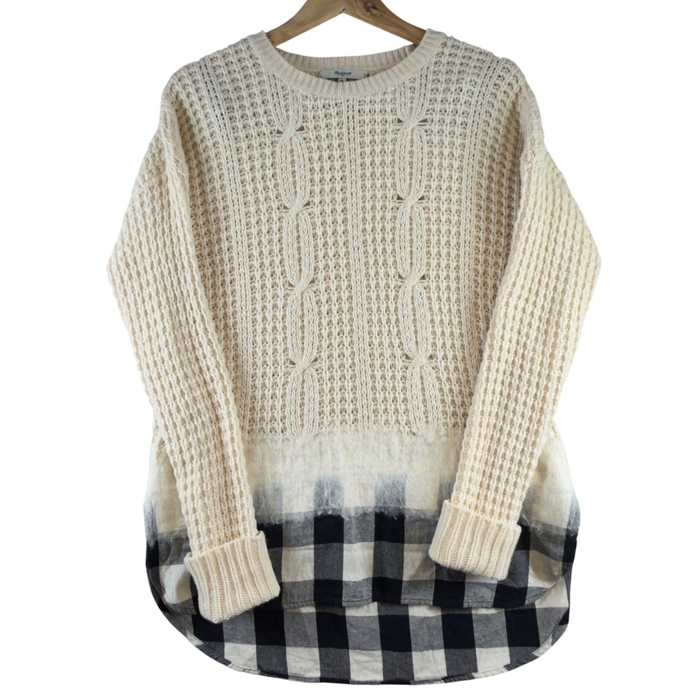 Madewell Merino Wool Cable Knit Plaid Hem Mixed Media Sweater Cream Black M